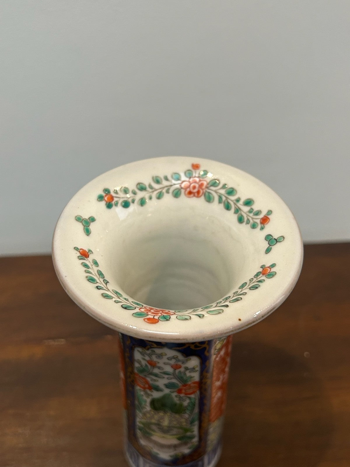 Antique Japanese Arita Imari Sleeve Vase Blue Iron Red Gilt Panels4