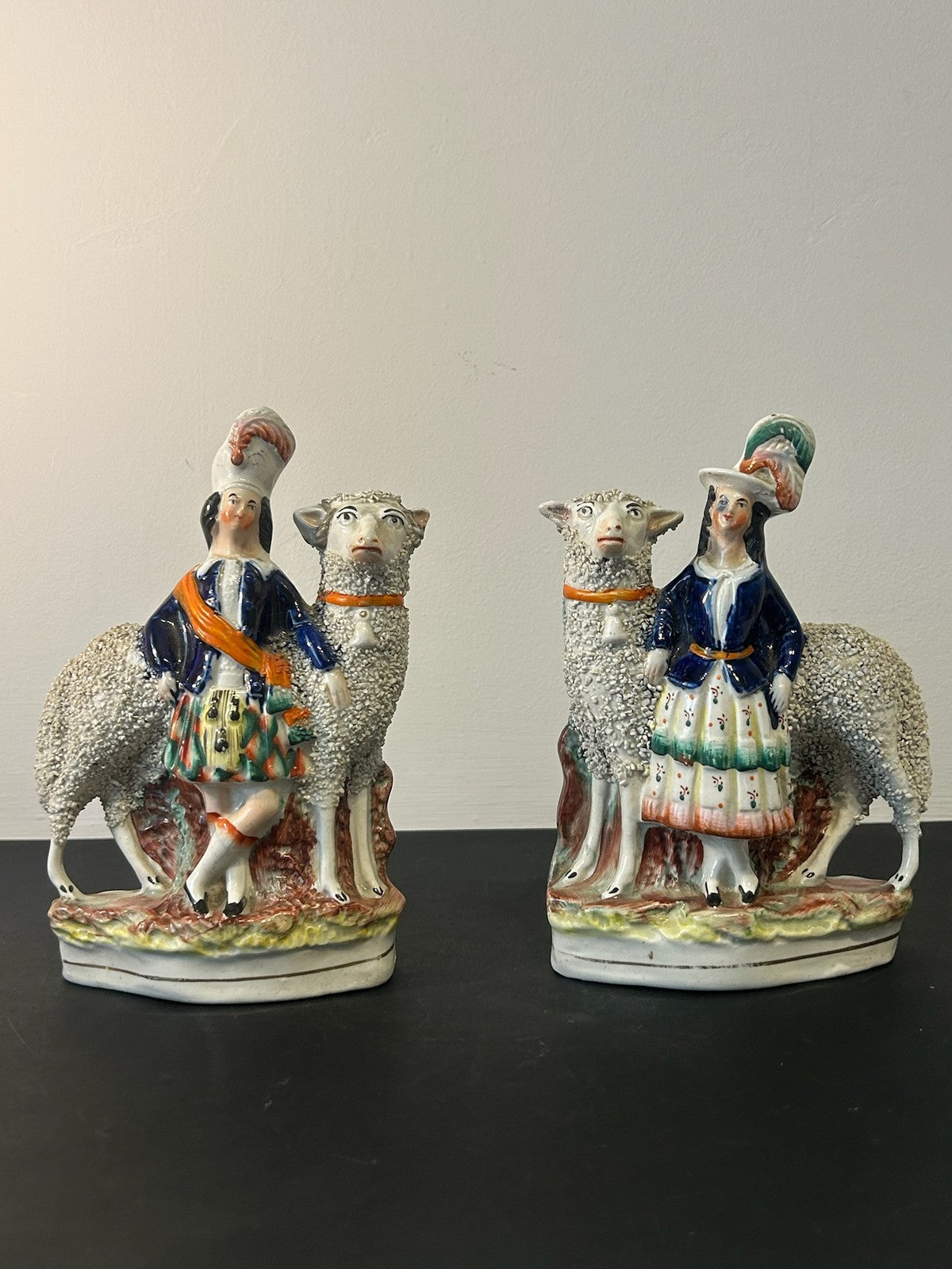 Pair Antique Victorian Staffordshire Figures Scottish Highland Couple with Sheep0