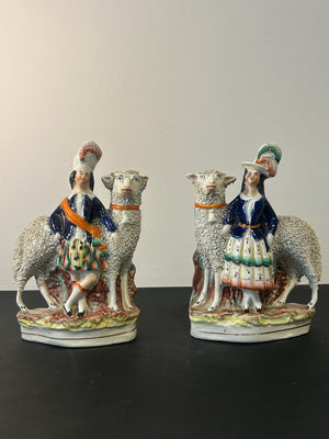 Pair Antique Victorian Staffordshire Figures Scottish Highland Couple with Sheep
