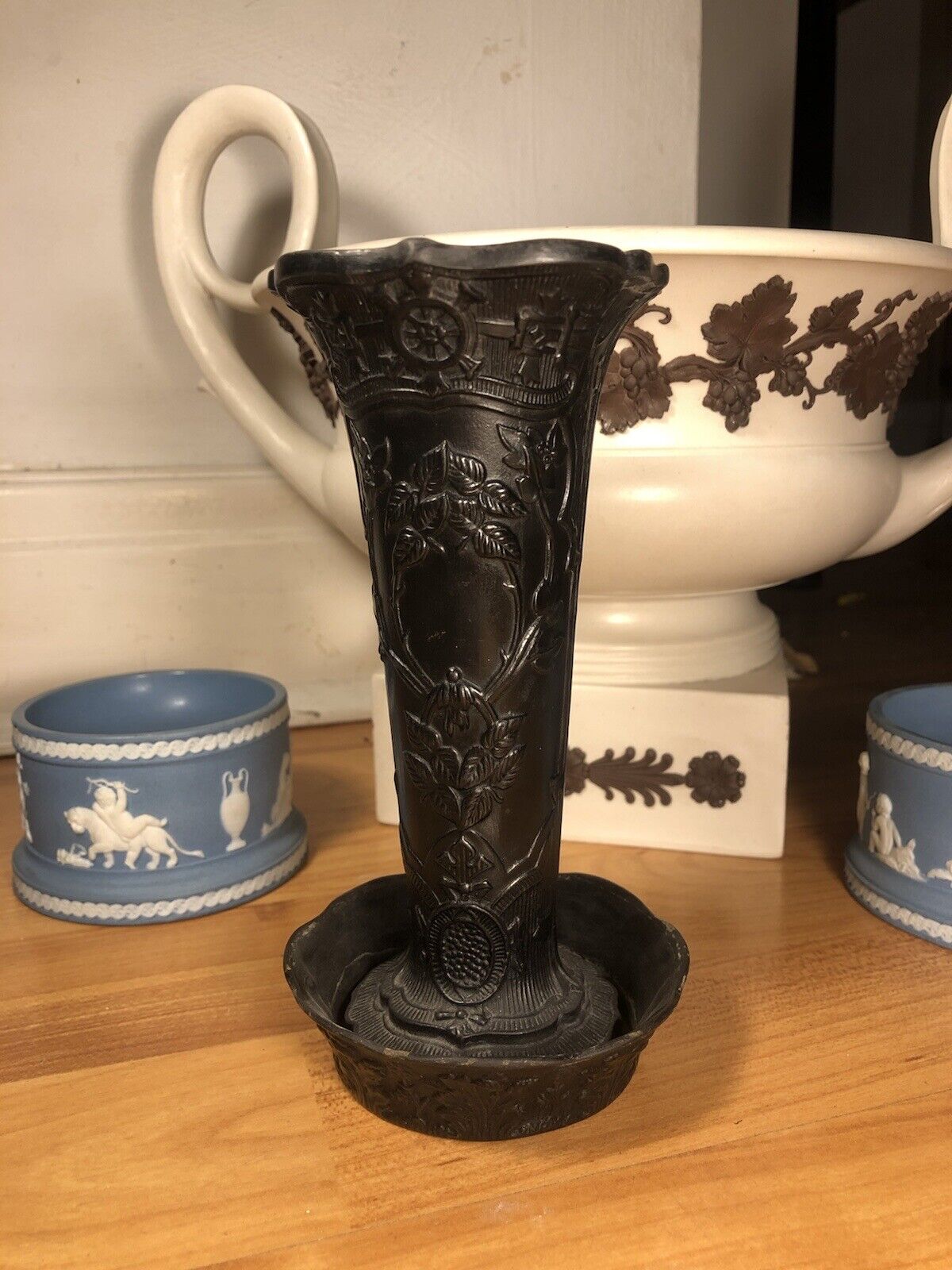 Wedgwood basalt vase and spill plate