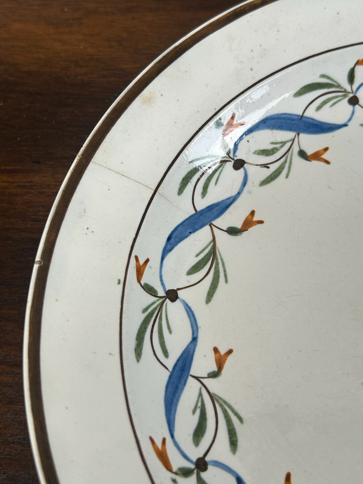 Antique Davenport Creamware Plate Hand Painted Blue Ribbon Floral Border c18101