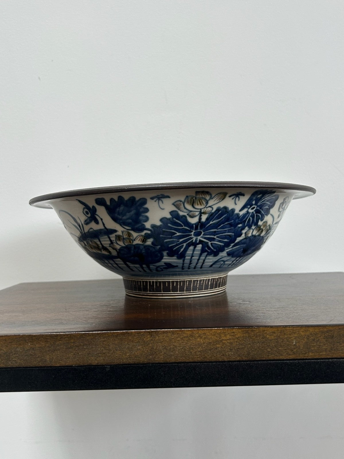 Antique Chinese Bleu de Hue Lotus Pond Bowl Metal Rim Vietnamese Market 26cm6