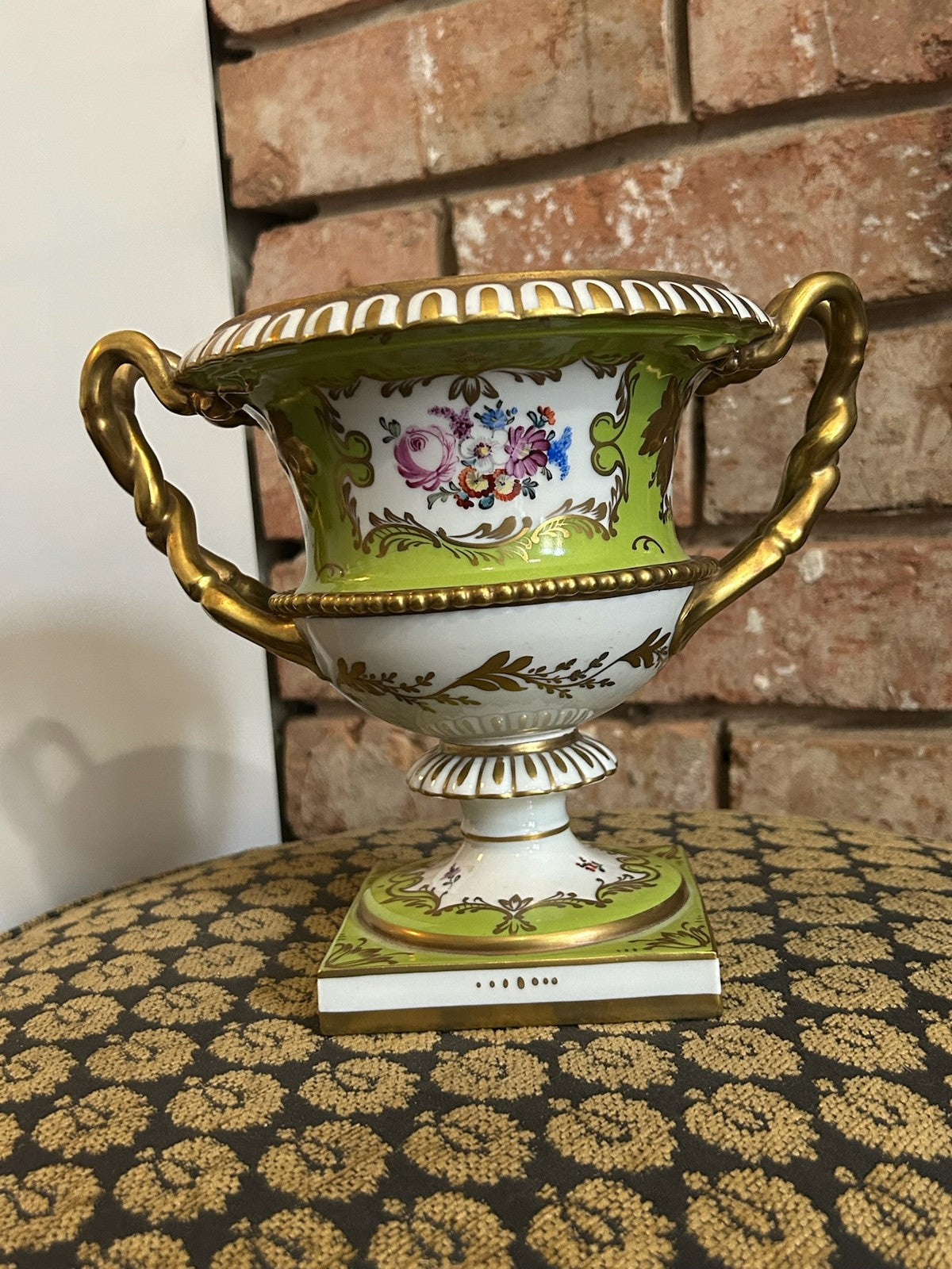 Dresden Porcelain Twin Handled Campana Urn Green Gilt Floral Reserves Plinth2