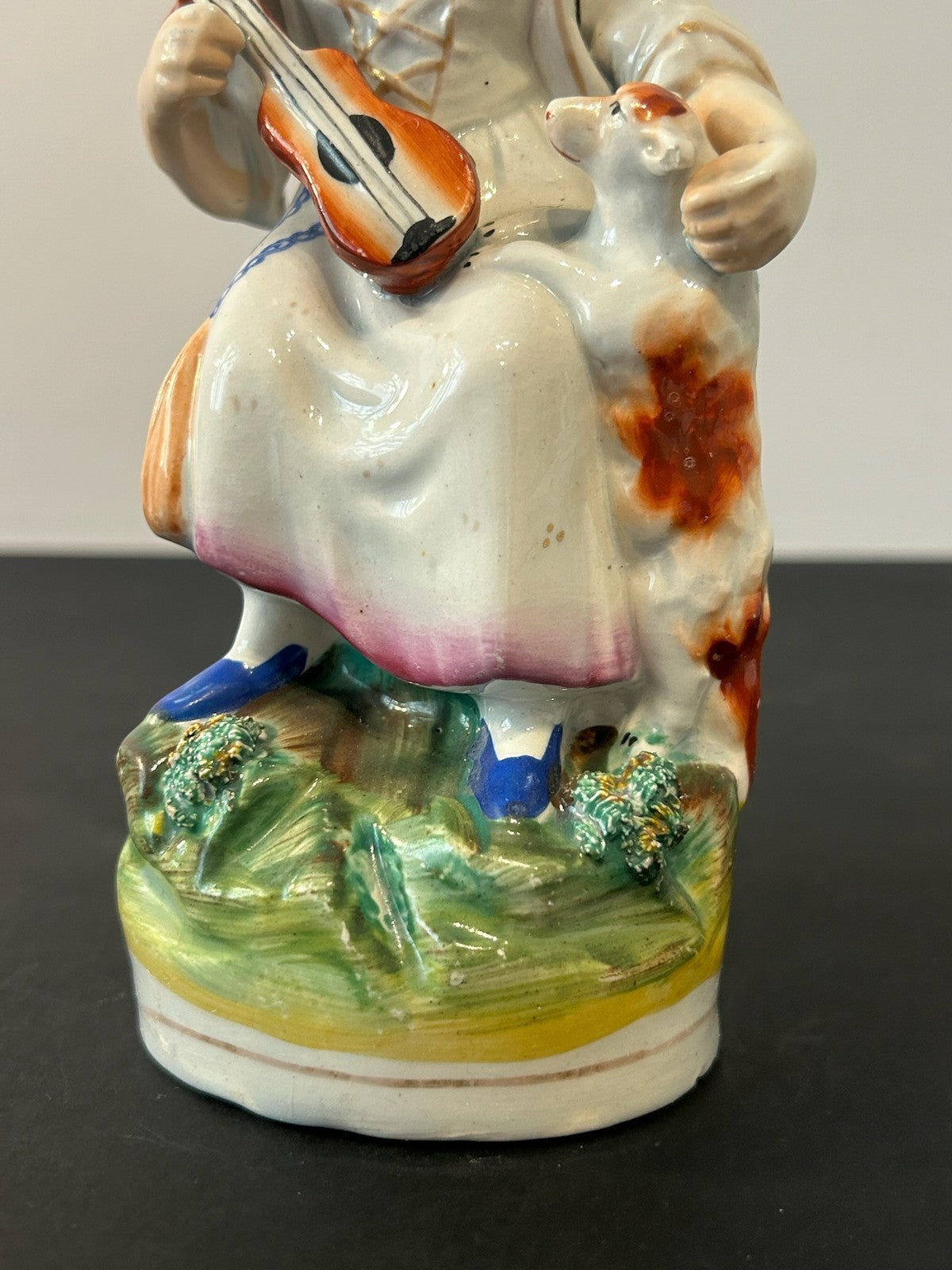 Antique Victorian Staffordshire Figure Seated Girl Playing Mandolin Flowers 20cm2