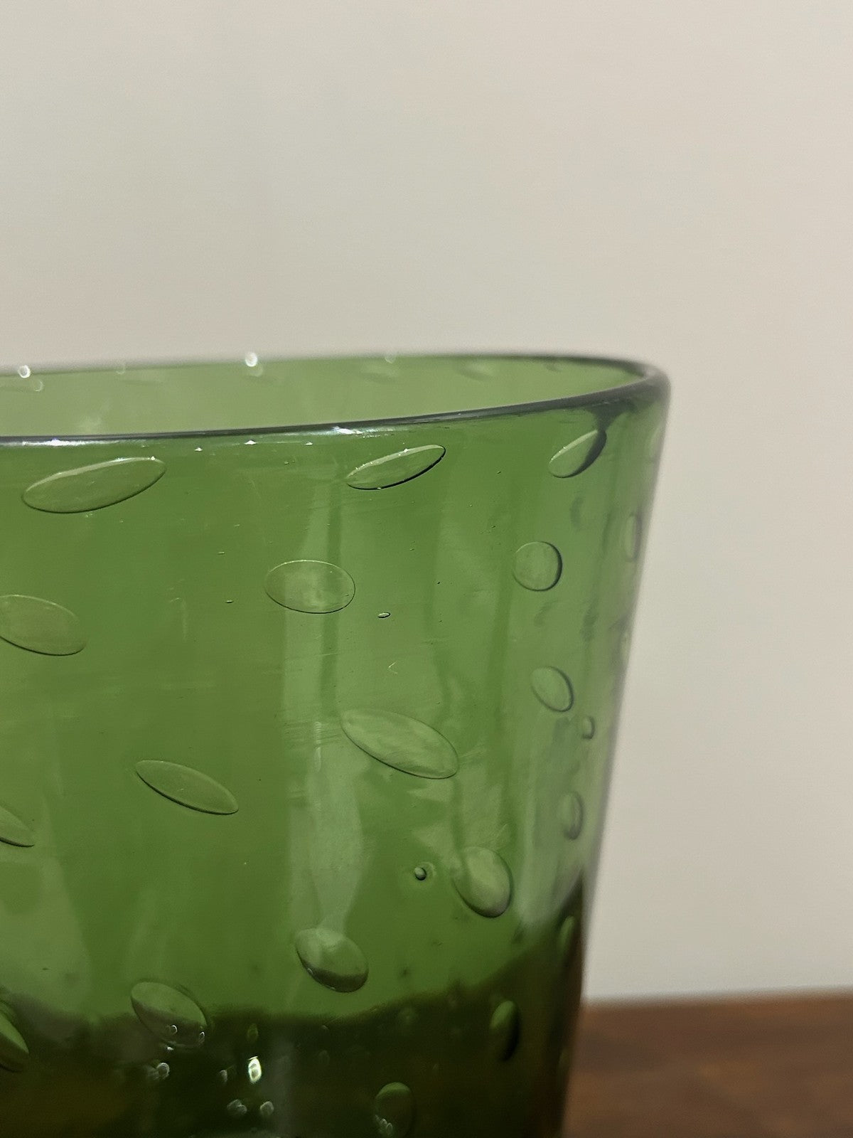 Green Art Glass Beaker Vase Controlled Bubbles Moulded Leaves3
