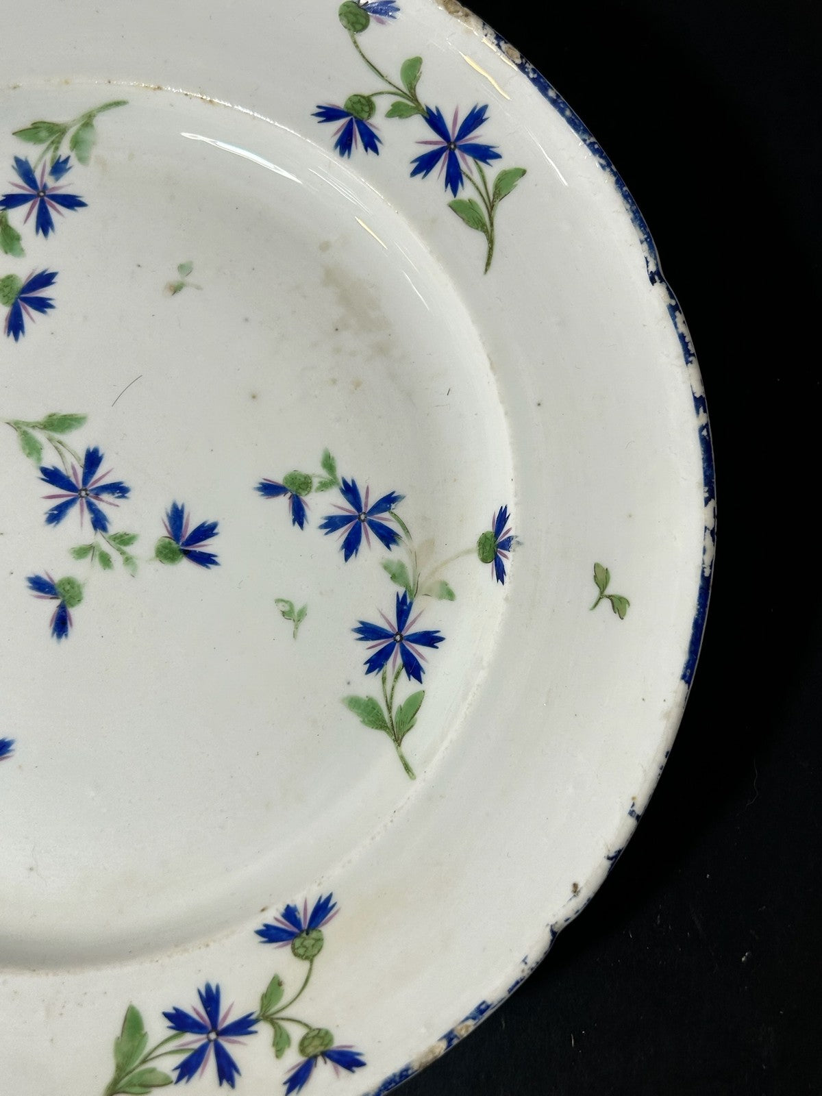 Pair Antique Plates Blue Cornflower Sprig Barbeau Pattern Blue Rim 24cm9