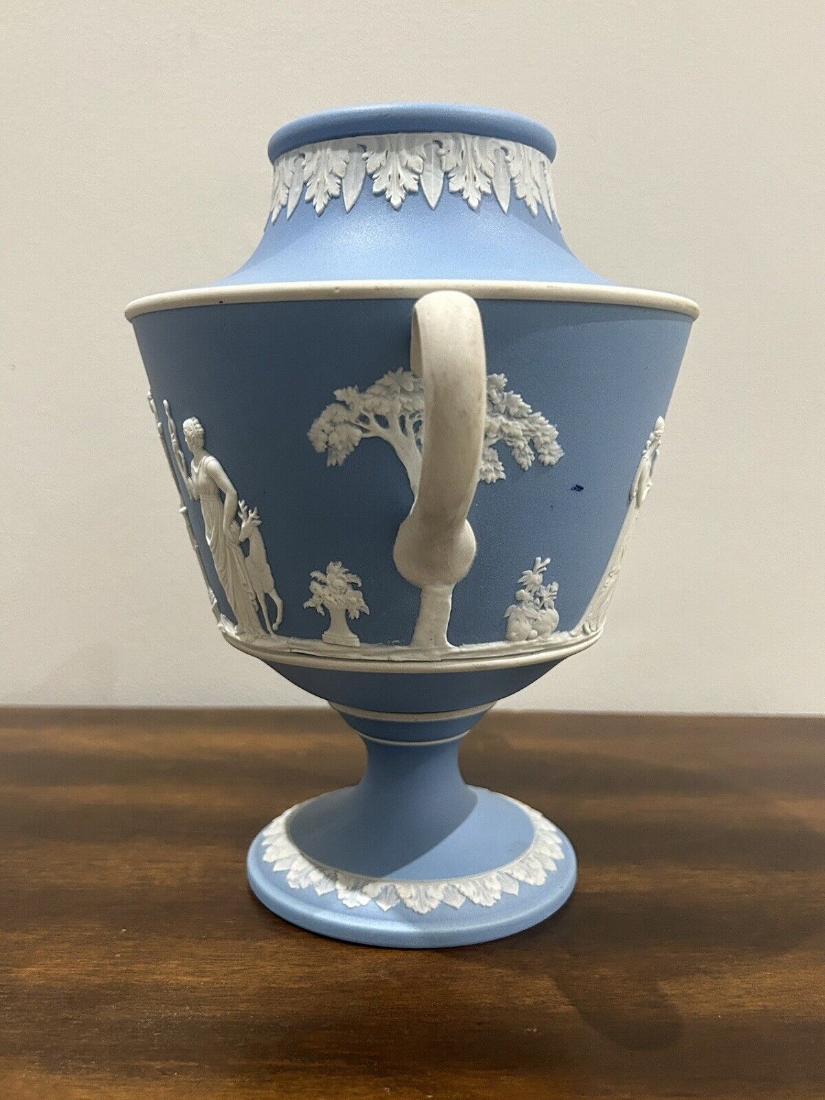 Unusual Wedgwood England Jasperware Twin Handle Urn Vase Blue