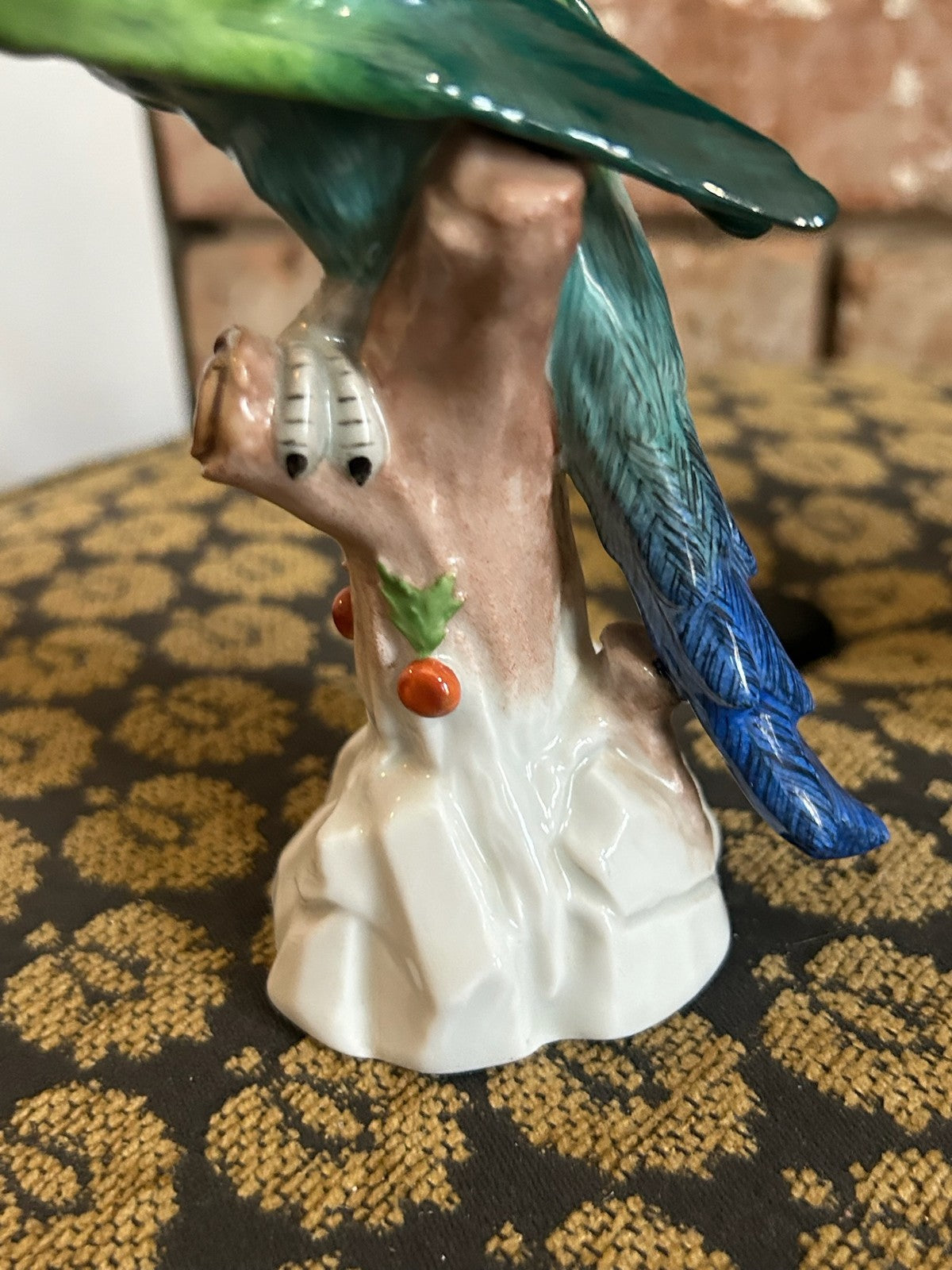 Pair Dresden Porcelain Green Parrot Figures Perched on Tree Stumps Blue Mark15