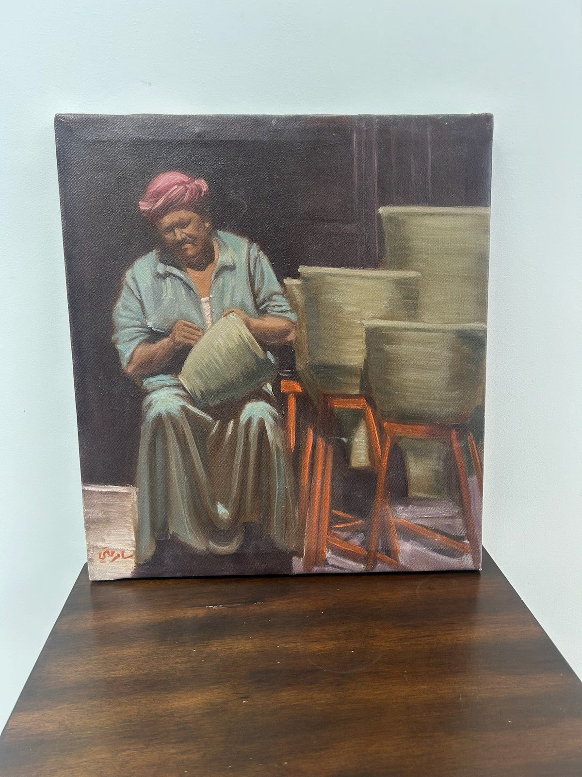 Orientalist Oil Painting Potter & Water Vessels Multi Figure Signed1