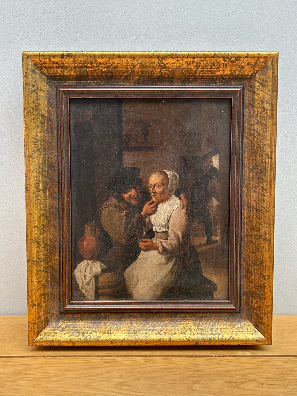 Antique Oil Painting Dutch Flemish School Tavern Scene Manner of Teniers Framed0