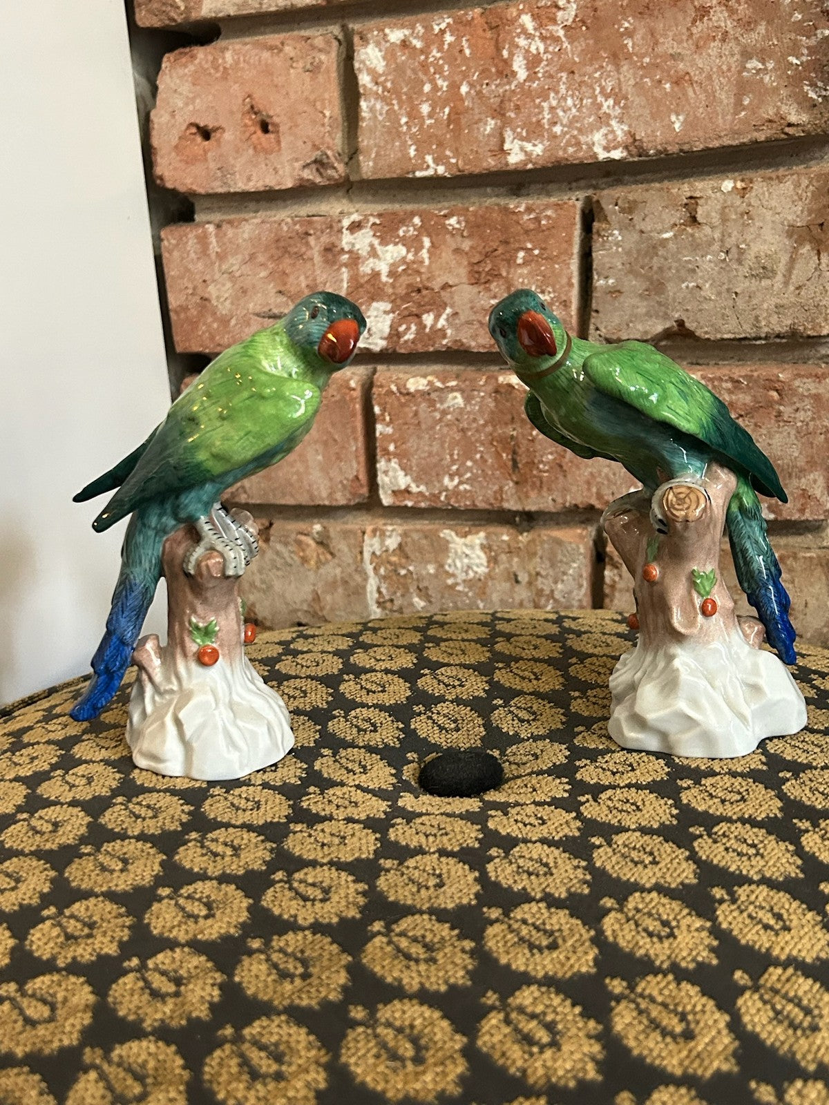 Pair Dresden Porcelain Green Parrot Figures Perched on Tree Stumps Blue Mark0