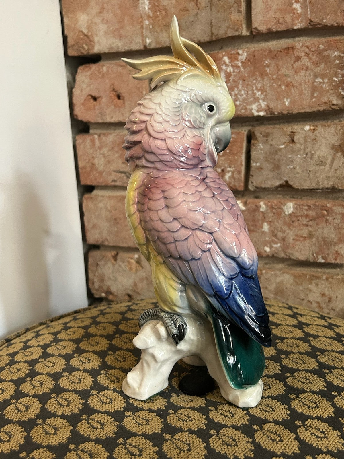 Vintage Continental Porcelain Cockatoo Bird Figurine Pink Yellow Crest Perched5