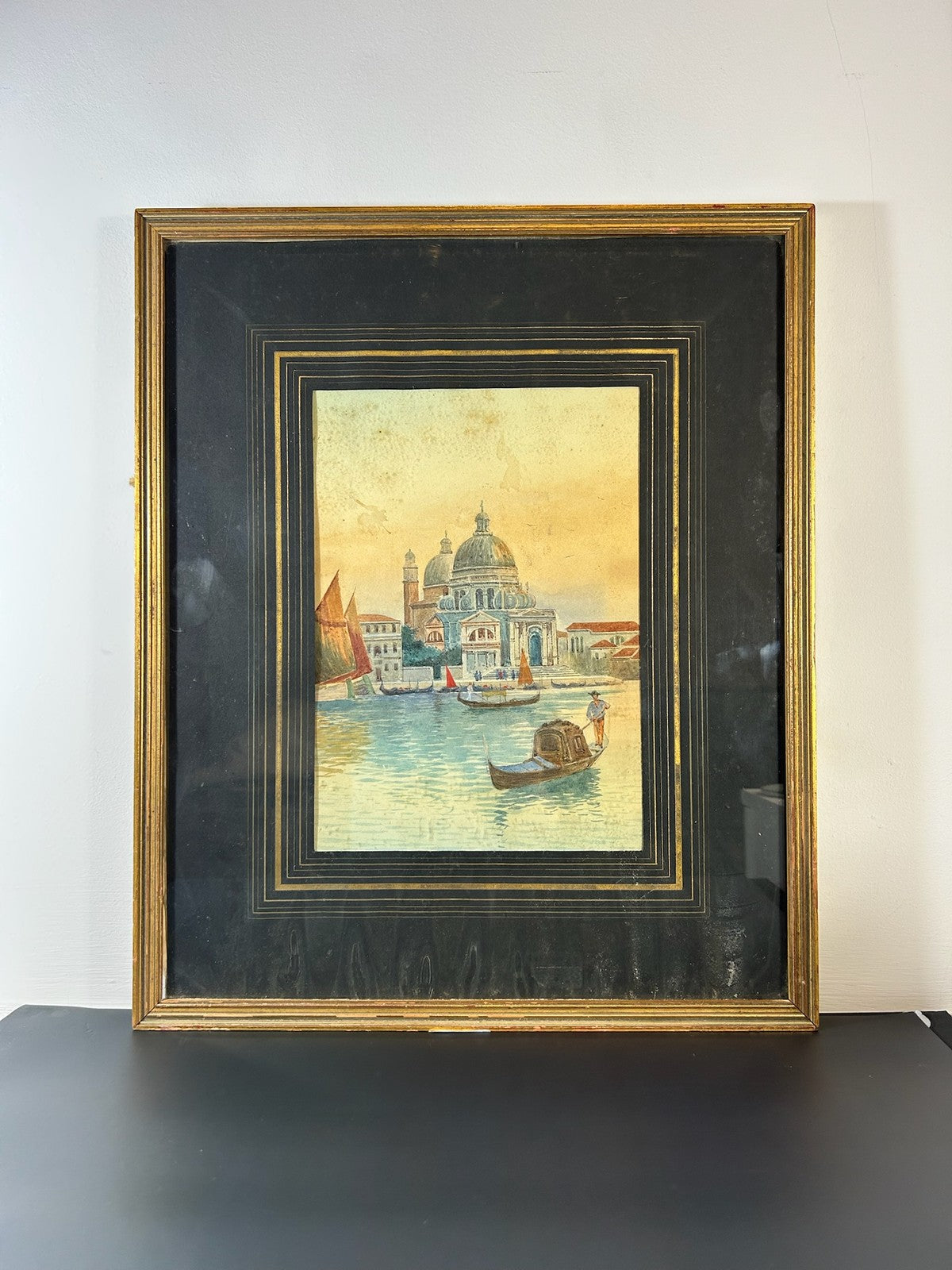 Vintage Venice Watercolour Santa Maria della Salute Gondola Grand Canal Framed1