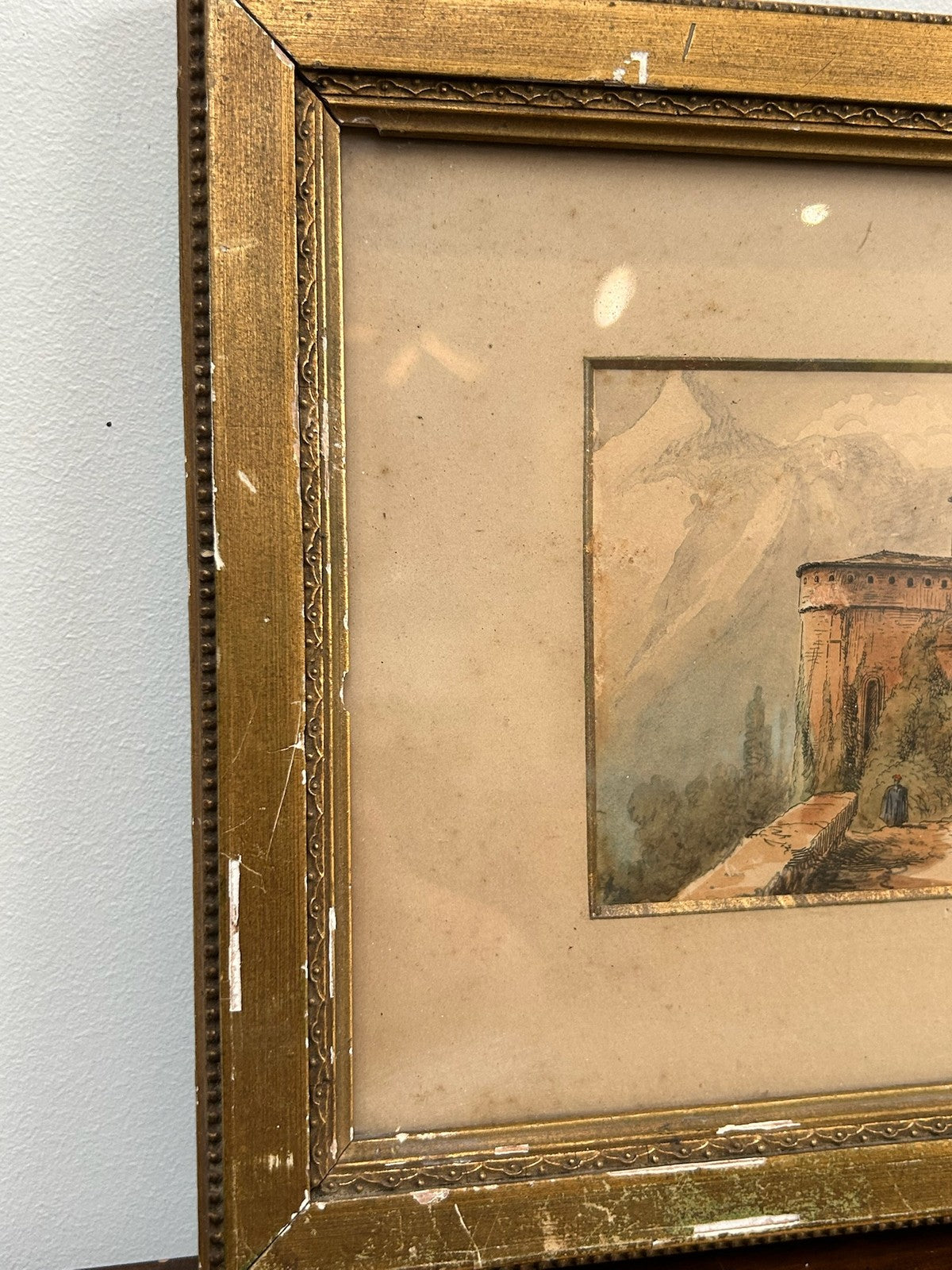 Antique Hand Coloured Engraving Saint Savin Pyrenees Gilt Frame back c.17701
