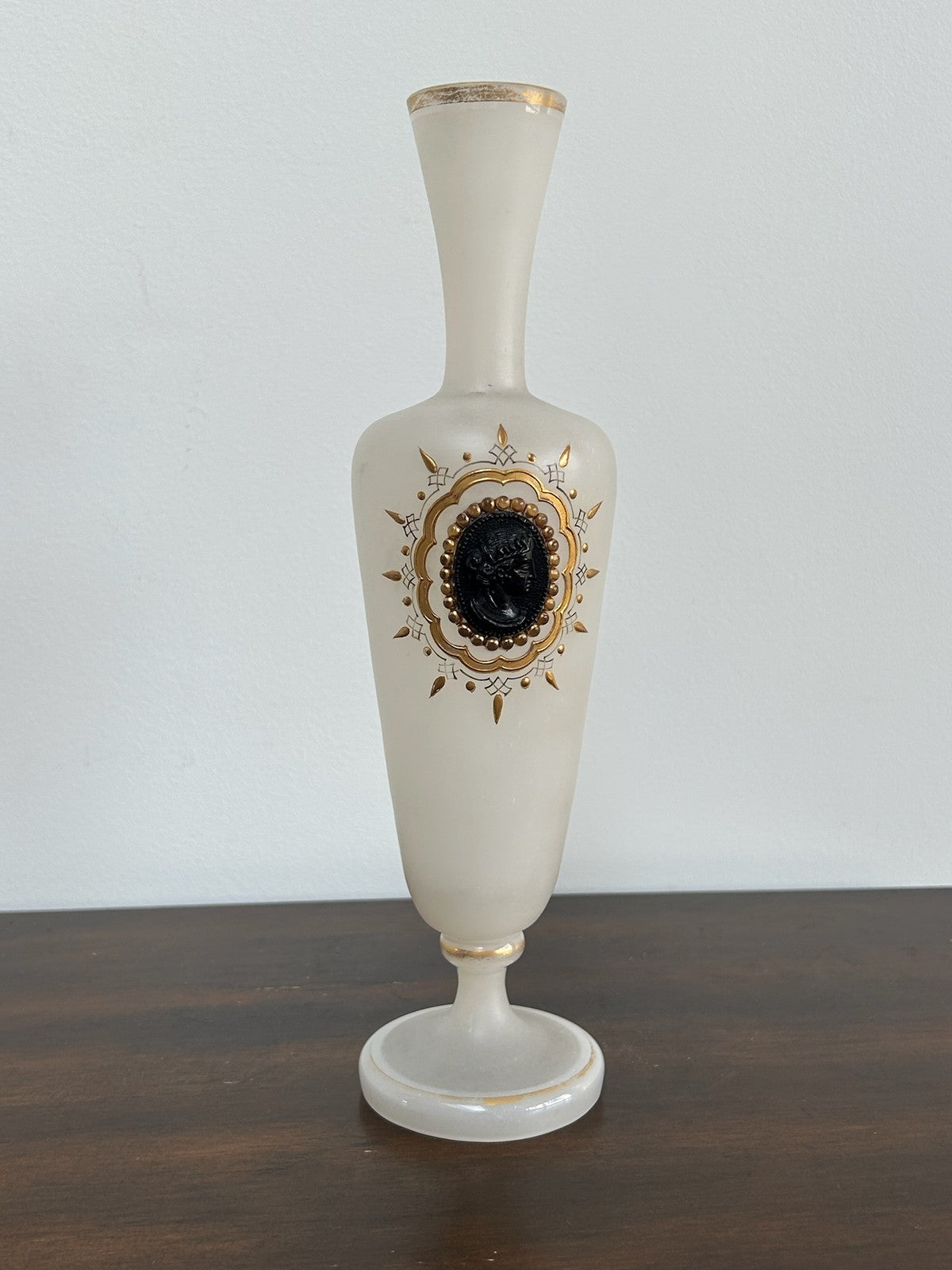 Antique Bohemian Opaline Glass Vase Black Cameo Gilt Sunburst0