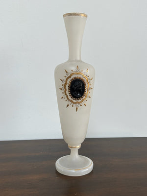 Antique Bohemian Opaline Glass Vase Black Cameo Gilt Sunburst