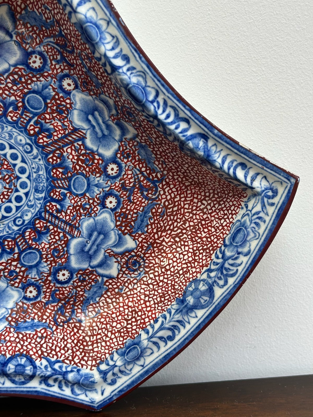 Antique Staffordshire Blue Puce Transfer Shaped Dish Old Staple Repairs6