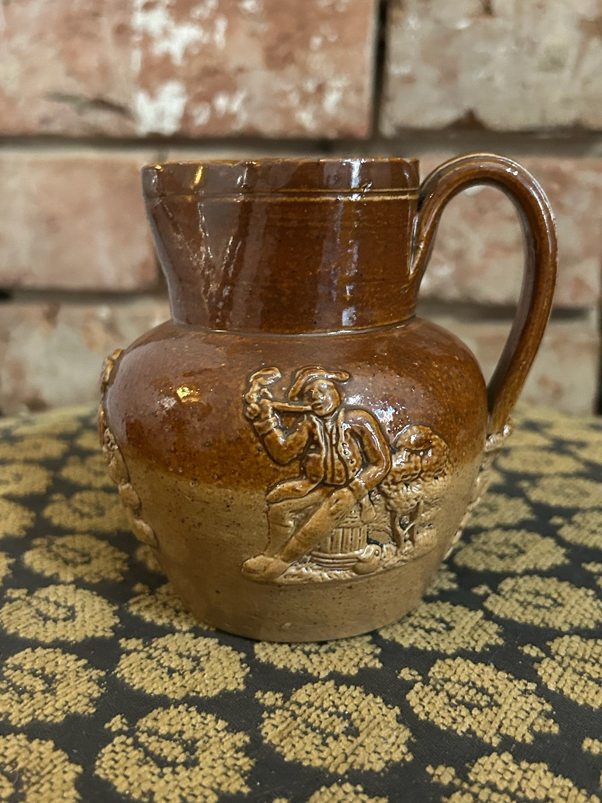 Antique Brown Salt Glaze Stoneware Jug Sprigged Hunting Relief Doulton Style2