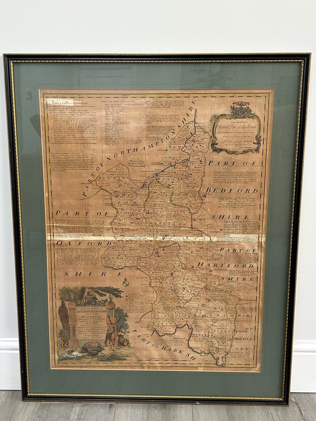 1756 Bowen Antique Map Buckingham Shire Hand Coloured Large English Atlas Framed0