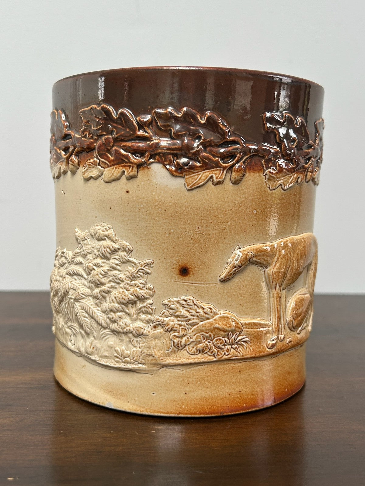 Antique Salt Glaze Stoneware Mug Hunting Relief 19thC Two Tone Brown4