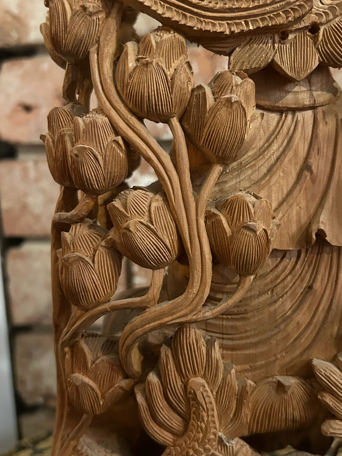 Chinese Carved Wood Guanyin Figure Group Dragons Lotus Deeply Carved Panel13