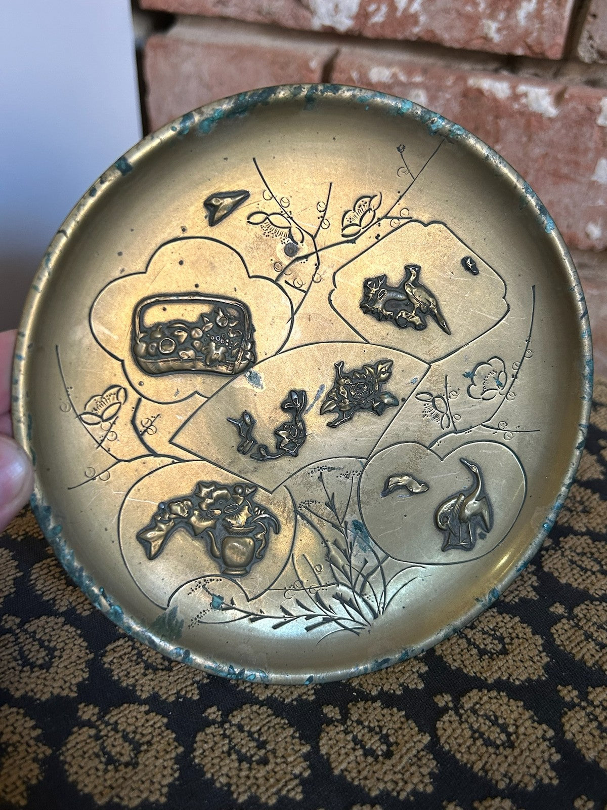 Japanese Brass Relief Dish Engraved Fan Panels Birds Flowers Plum Blossom4