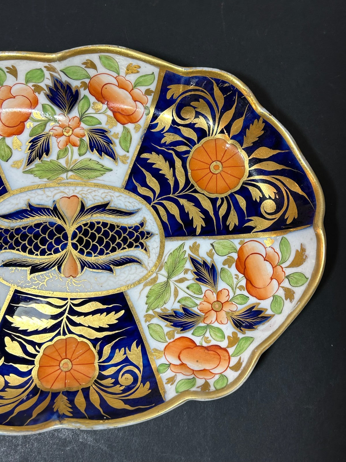 Antique English Porcelain Imari Oval Dish Old Japan Pattern Cobalt Gilt 26cm2