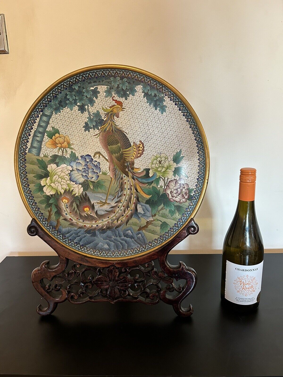 20th Century Chinese Cloisonné Charger Peacock With Wooden Stand