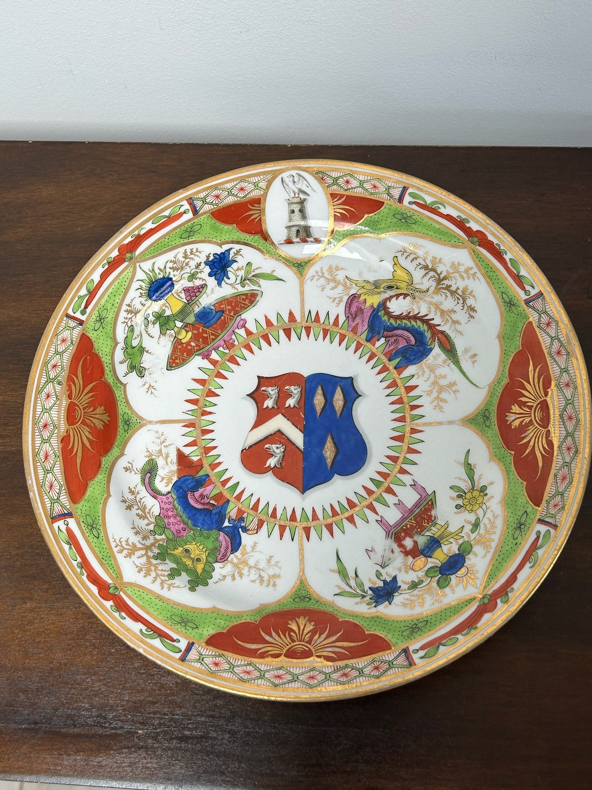 Antique Armorial Plate Heraldic Crests Dragons in Compartments Gilt 24cm1