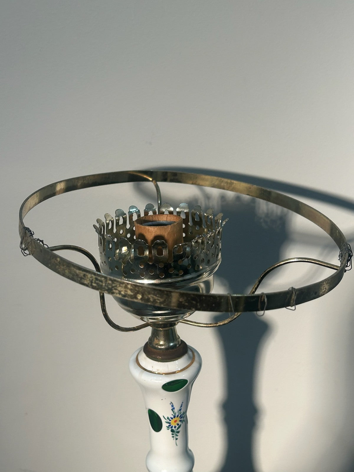 Antique Bohemian Overlay Glass Oil Lamp White Cut Green Hand Enamelled Brass13