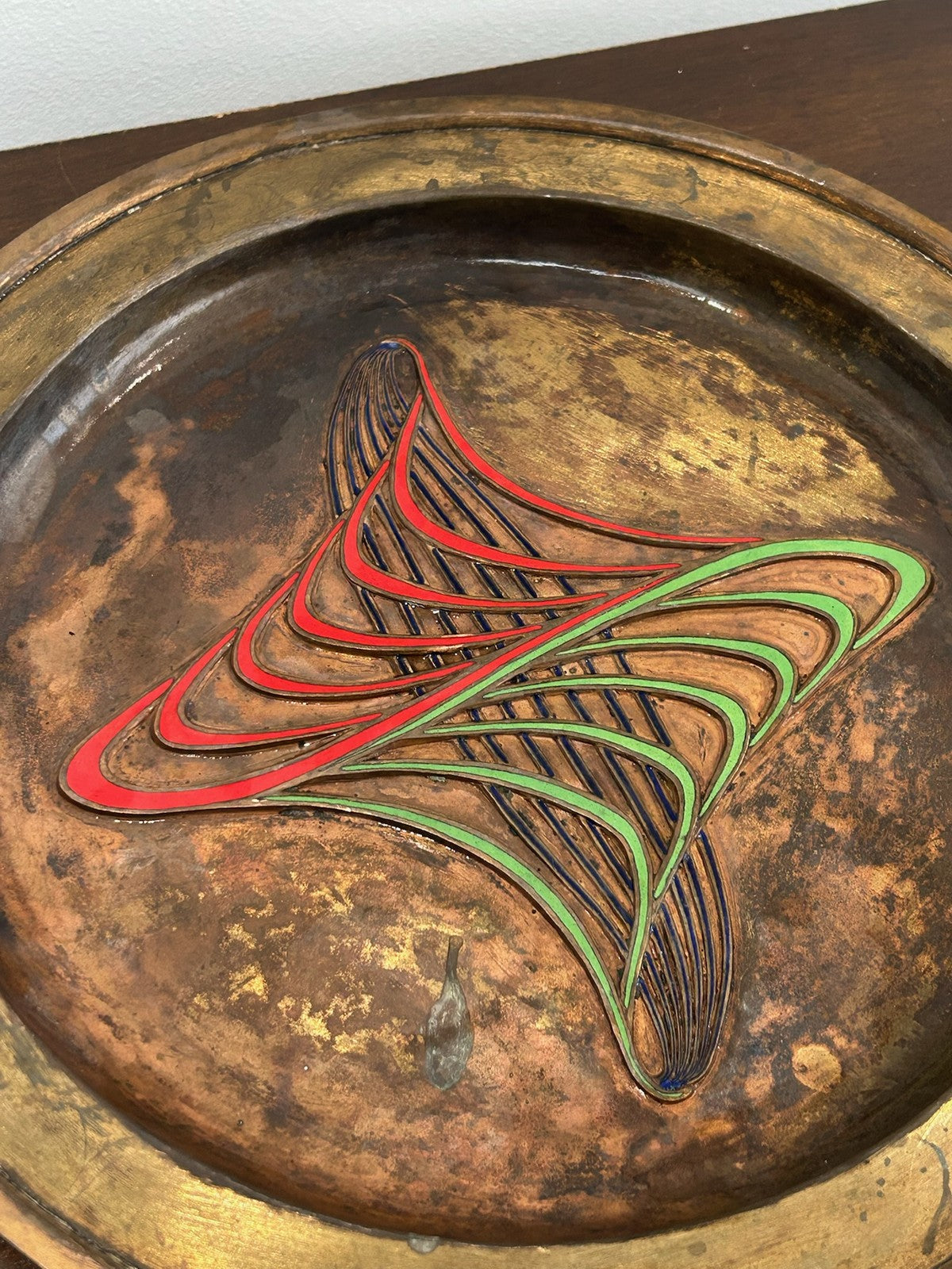 French Art Deco Dinanderie Copper Brass Tray Enamel Fan Motif c.1925403