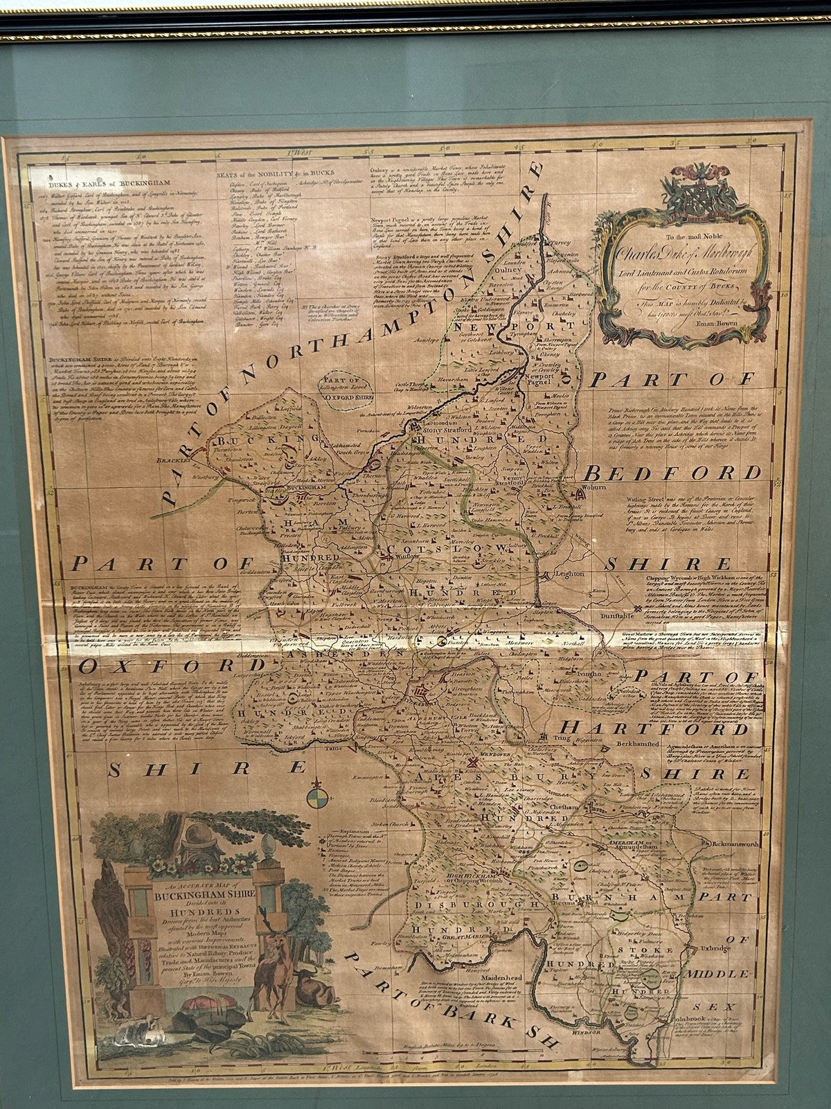 1756 Bowen Antique Map Buckingham Shire Hand Coloured Large English Atlas Framed1