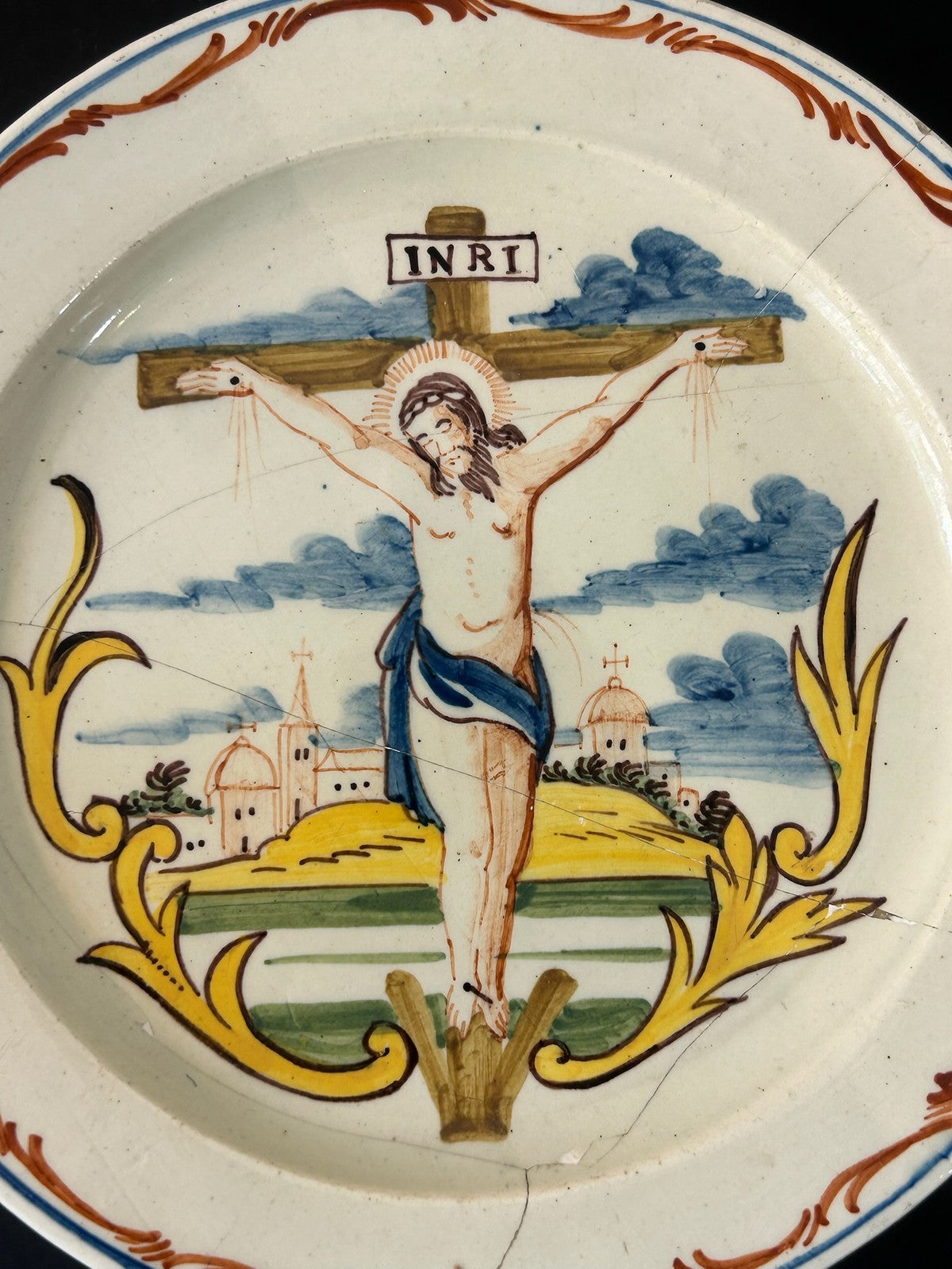 Antique Faience Tin Glazed Plate Hand Painted Crucifixion INRI Restored 22cm2