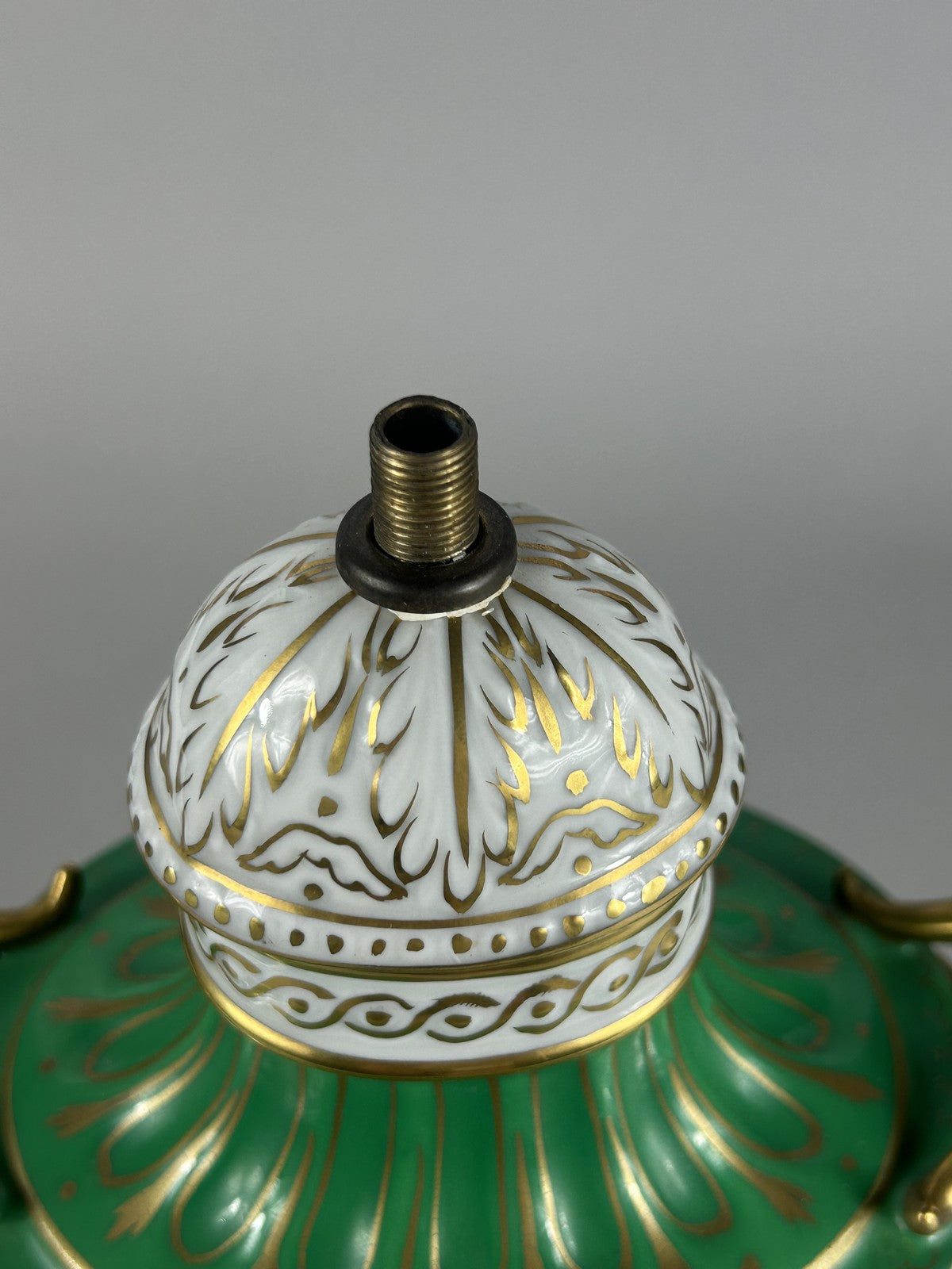 Dresden green porcelain ram’s head lamp base vase with finial