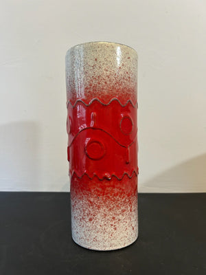 1970s Italian Pottery Cylinder Vase Red White Relief Glaze 25cm
