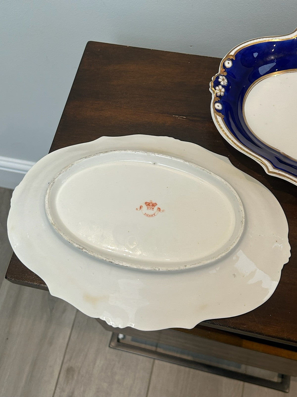 Pair Bloor Derby Oval Dessert Dishes Cobalt Gilt Borders Floral Sprays c.18308