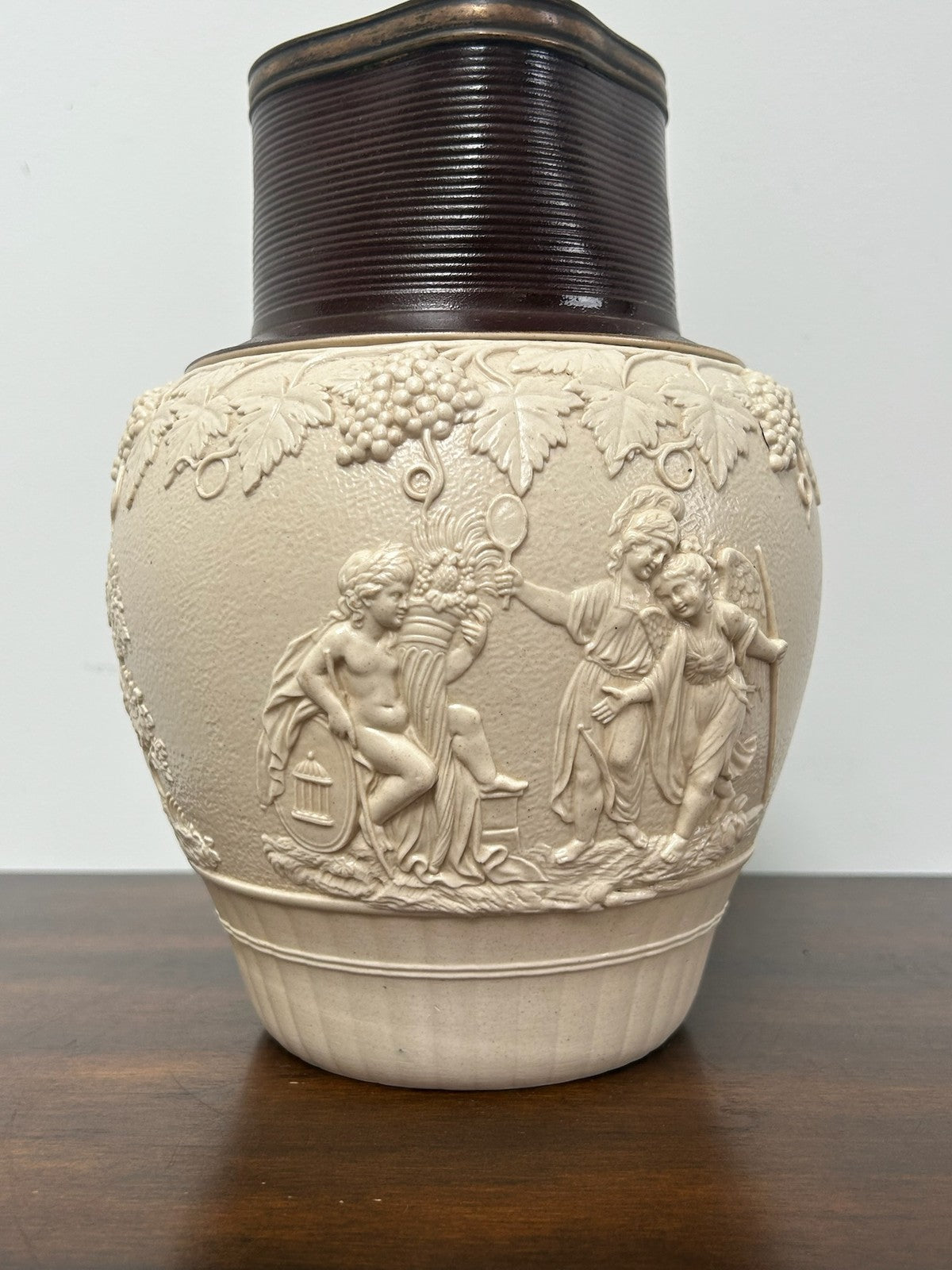 Large Turner Stoneware Jug 23cm Bacchanalian Classical Relief Georgian c18004