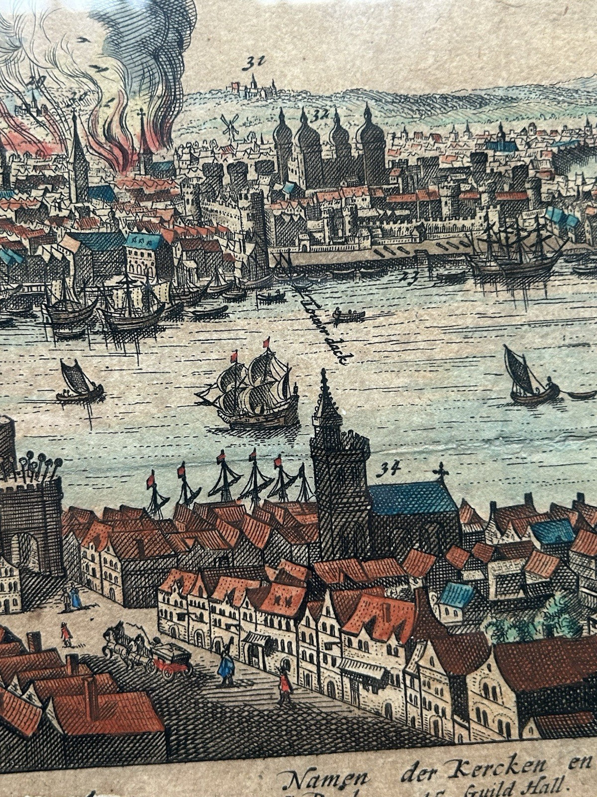 Rare 17thC Justus Danckerts London Great Fire 1666 Hand-Coloured Map12