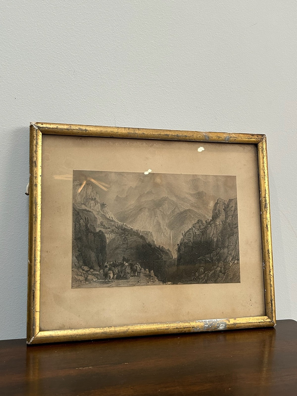 Antique 1865 France Voiron Chartreuse Valley Isere Waterfall Engraving Gilt Fram6