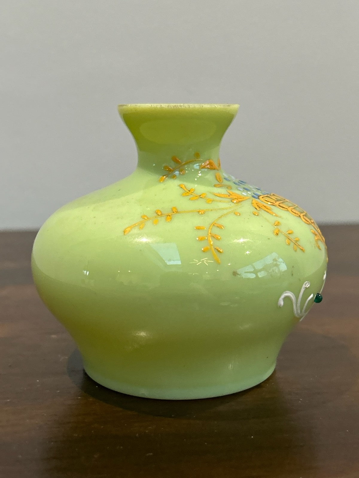 Antique Bohemian Green Opaline Glass Vase Raised Gilt Enamel Cornucopia Jewelled3