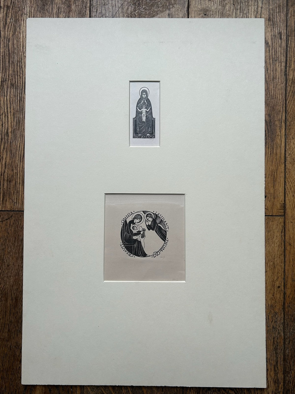 Eric Gill Signed Wood Engravings Virgin & Child Sedes Sapientiae Pair Mounted1