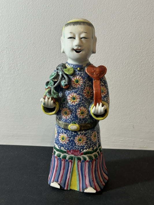 Antique Chinese Famille Rose Porcelain Laughing Boy Figure Qing Circa 1800 Ruyi 0