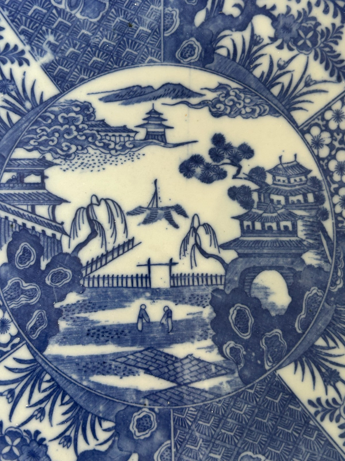 Antique Japanese Blue & White Transfer Printed Plate Landscape3
