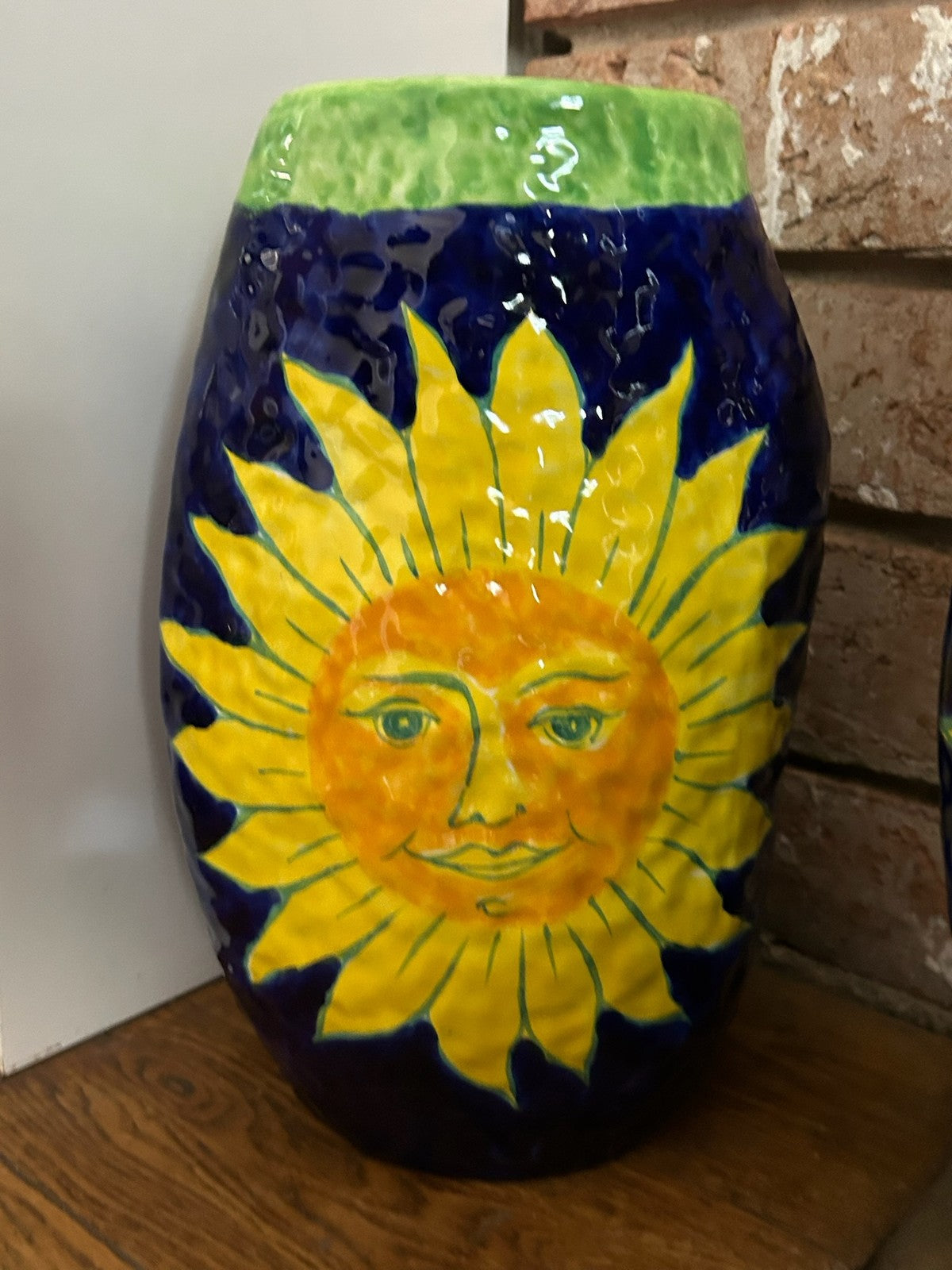Pair Italian Hand Painted Ceramic Vases Sun Face Sunflower Cobalt Blue Signed2