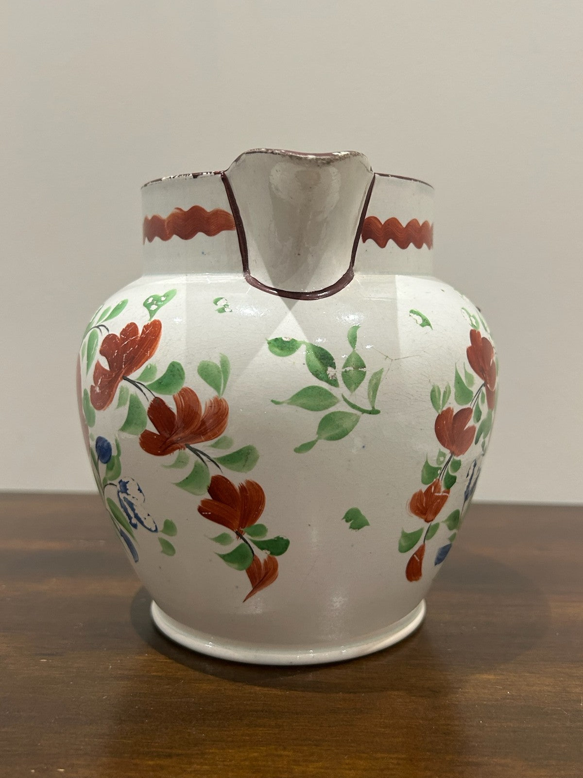 Georgian Pearlware Jug Hand Painted Enamel Red Roses Brown Rim c.18203