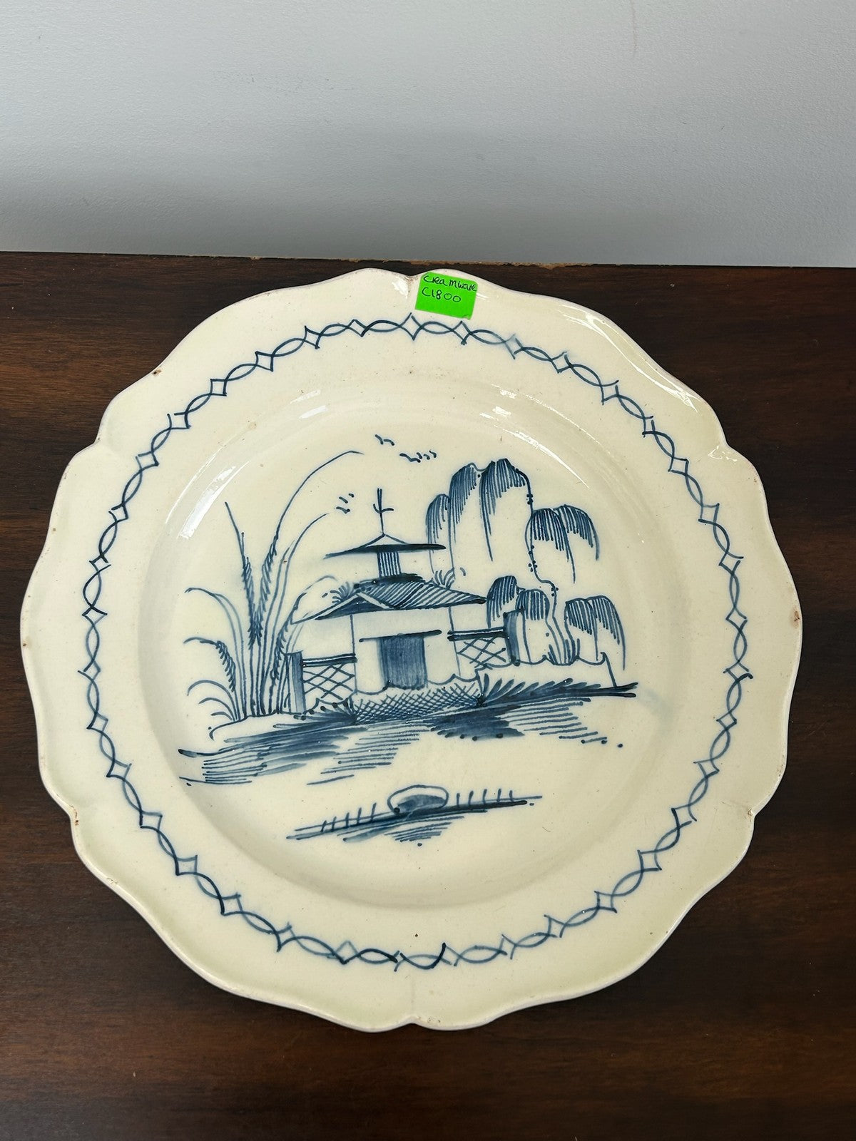 Antique Pearlware Plate Hand Painted Blue Chinoiserie Pagoda Willow Shaped Rim0