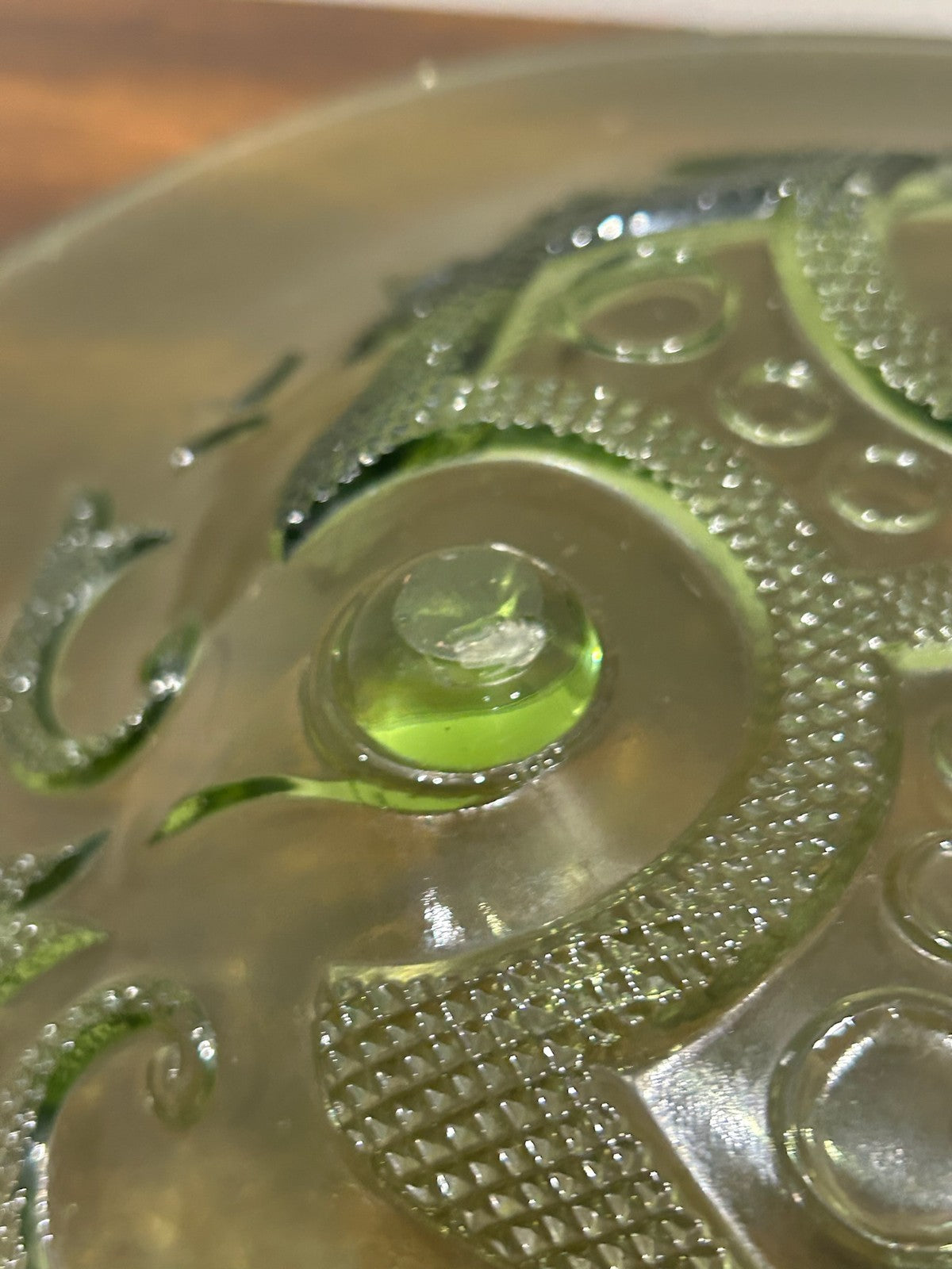 Green Pressed Glass Plate Moulded Dragon Scroll Relief6