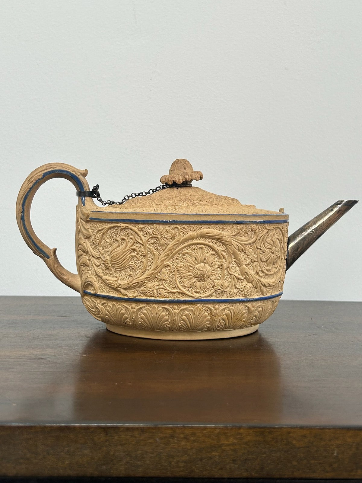 Antique Caneware Teapot Regency c1815 Relief Blue Line Silver Spout Stoneware9