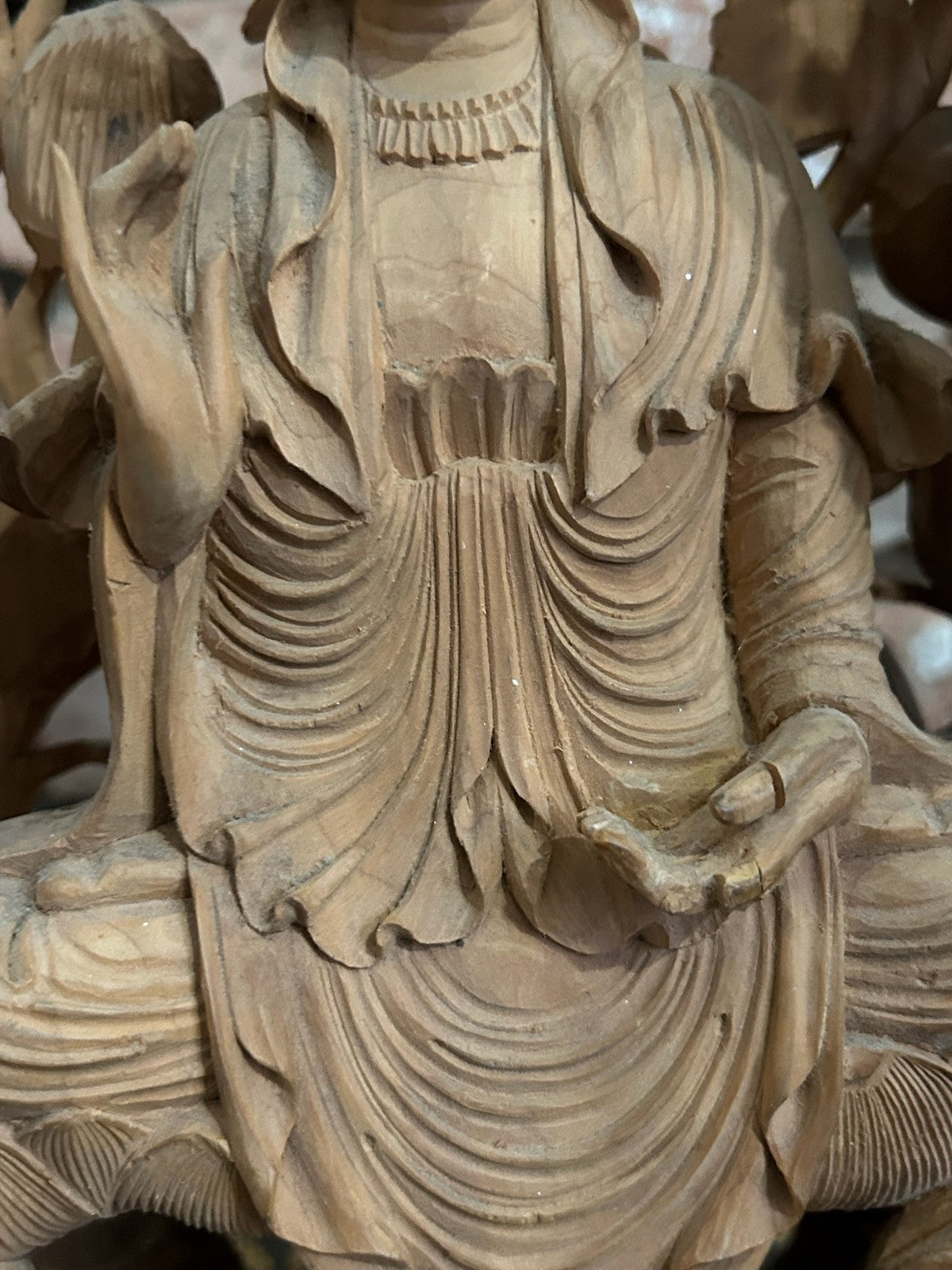 Chinese Carved Wood Guanyin Figure Group Dragons Lotus Deeply Carved Panel5