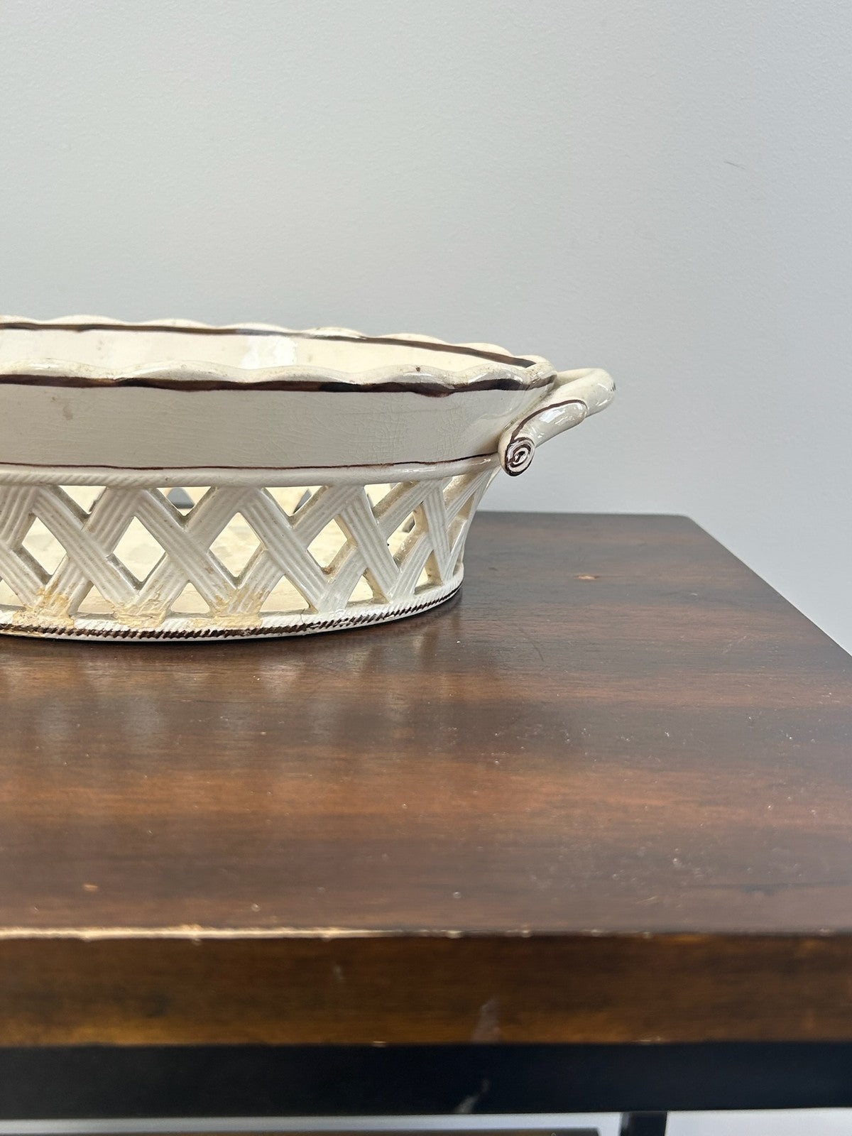 Antique Creamware Twin Handled Pierced Oval Basket A/F7